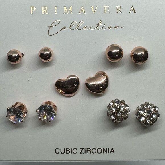 Primavera Collection 5 Pairs Rose Gold Tone Various Cubic Zirconia Post Earrings - Picture 1 of 8